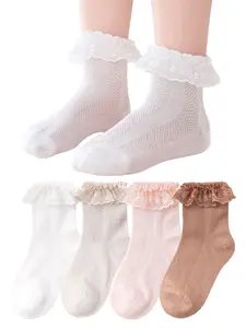 4 Pairs Girls' Ruffled Lace Trim Socks, Eyelet Ruffle Dress Socks, Elegant Party Wear, Perfect Gift for Little Princesses