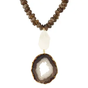 Dark agate slice pendant large clear quartz nugget pendant and smoky quartz statement necklace