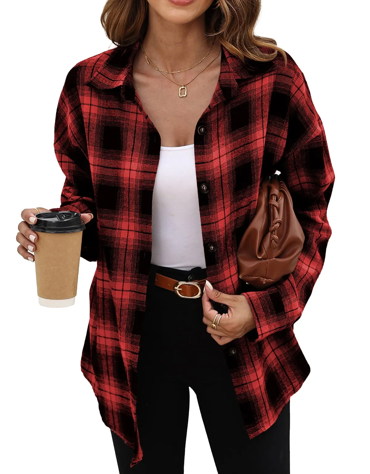 Women's Oversized Plaid Flannel Shirt Long Sleeve Button Down Collared Casual Blouse Top Green Black Red Black