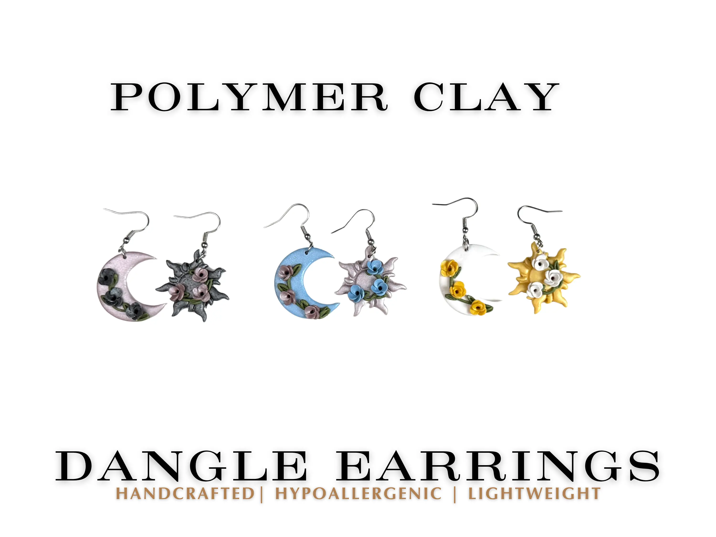 Celestial Sun & Moon Polymer Clay Earrings | Handmade Mismatched Dangle Earrings | Cottagecore Jewelry | Whimsical Floral Earrings | Gift for Her