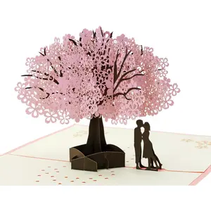 Handmade Cherry Blossom Card Pop Up 3D Flower Card Romantic Love Letter Greeting Anniversary Wedding Valentine Birthday Gift Card Blank Stationery Paper Card for Her Him Husband Wife