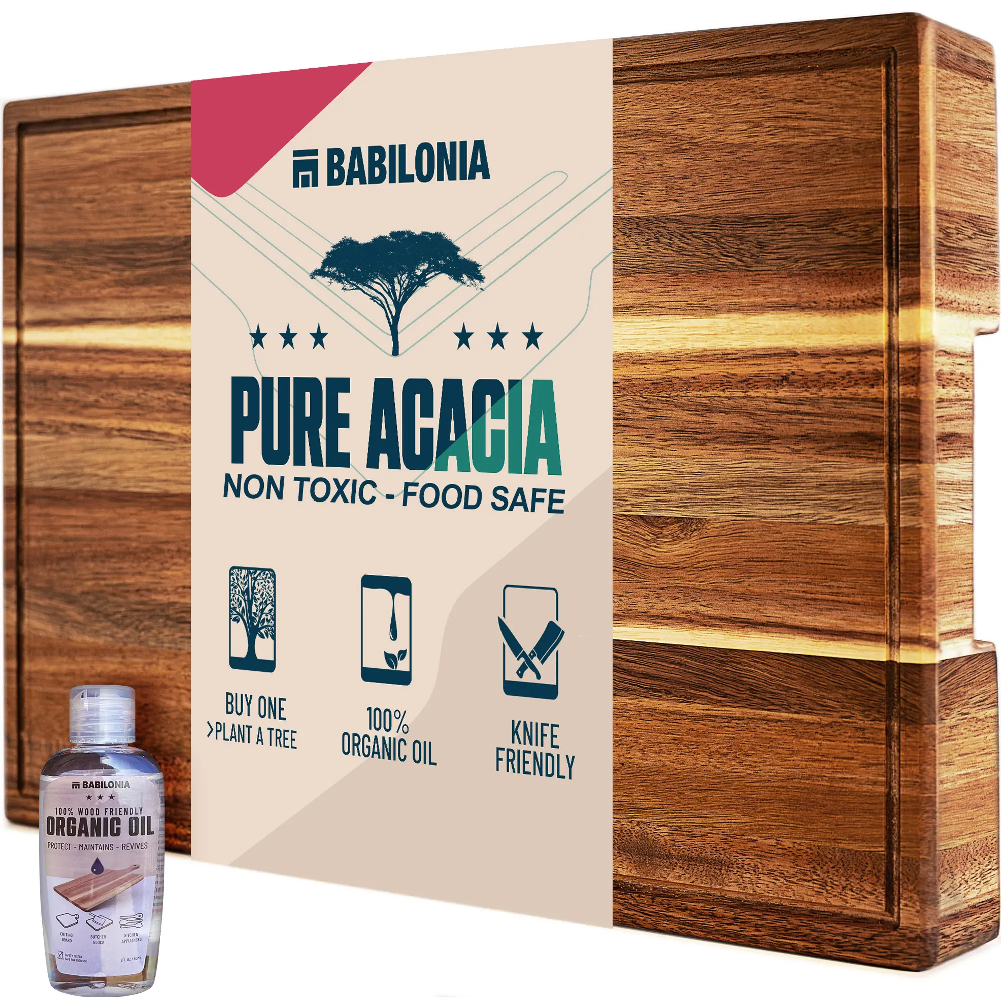 Acacia Wood Cutting Board for Meat, Cheese, Charcuterie Board (ExtraThick 1.6"). Premium Quality Butcher Block. Heavy Duty Edge Grain Large Chopping Board with Handle (Oil bottle & Plate included)