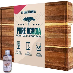 Acacia Wood Cutting Board for Meat, Cheese, Charcuterie Board (ExtraThick 1.6"). Premium Quality Butcher Block. Heavy Duty Edge Grain Large Chopping Board with Handle (Oil bottle & Plate included)