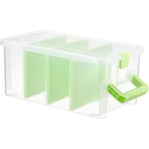 Clear Plastic Dividing Storage Box with 4 Deep Compartments Adjustable Storage Bin with Lid Portable Craft Container Multipurpose Sewing Box Art Supply Organizer, 13.9x7.9x6.2 Inches, Green