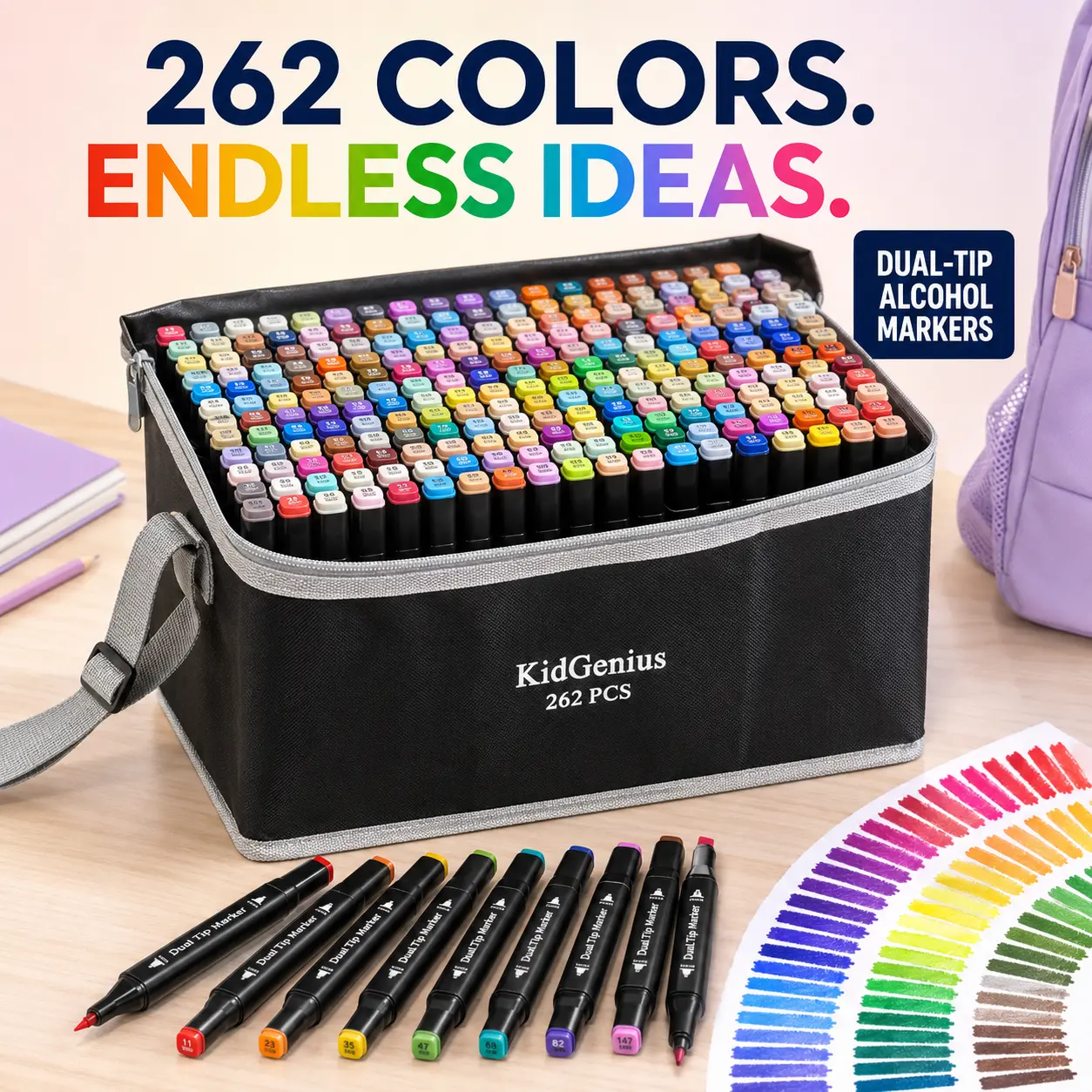 KIDGENIUS Unisex Dual-Tip Art Marker Pens Set (262/168/120 PCS) - Broad & Fine Tips, Fast-Dry, Easy-Blending Coloring Supplies & Art Tools for Drawing, Coloring - Starter Kit for Kids