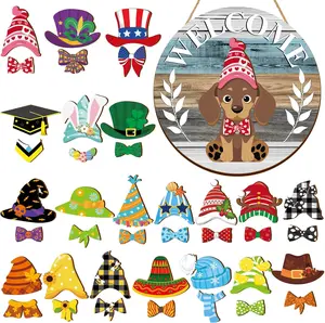 Easter Welcome Sign Dog Wooden Sign Cute Beagle Decor Interchangeable 41pcs front Door Sign with 20 Magnet Hats and 20 Detachable Beagle Decoration for Holiday Seasonal Party Birthday Home Wall Office Living Room Garden,Gift for Dog Lovers