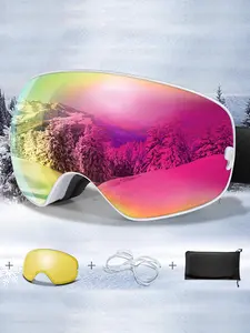 Fashion Ski Sunglasses + Night Vision Replacement Lenses, OTG Snowboard Goggles, Anti-Fog UV Protection, Detachable Lens, Unisex