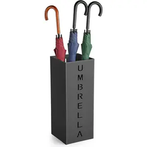 Square Metal Umbrella Holder Stand, Free Standing Umbrella Rack with Hollow Letter Pattern, Coated Steel Walking Stick Storage Bin for Indoor Entryway, Home, Office and Hotel
