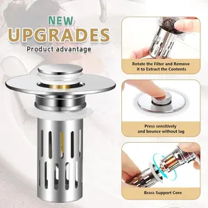 2-in-1 Bathroom Sink Stopper Pop-up Design with Anti-Clog Stainless Steel Filter Basket Removable Hair Trap & Anti-Odor Drain Stopper for Cleaner Bathroom