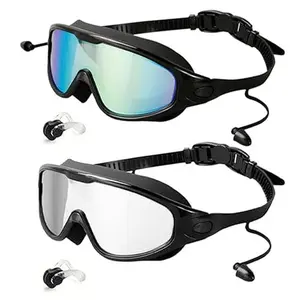 2 Pack Cool Summer Goggles, Wide View Anti Fog No Leaking Swim Glasses With Earplugs and Nose Clip for Audlt Kids