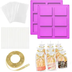 Rice Krispie Treats Making Set: 2PCS Crispy Cereal Bar Silicone Mold with 50 Clear Bags & Cake Pop Sticks, Baking Container for Marshmallow, Individually Wrapped Chocolate Party Packaging