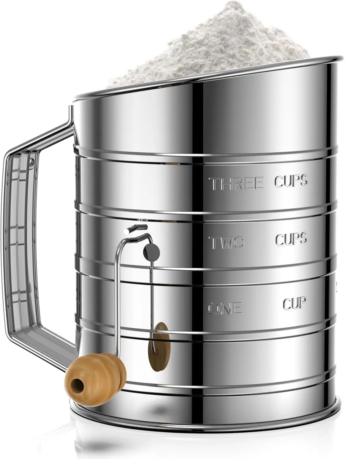 Traditional 3-Cup Hand Crank Flour Sifter - Professional Stainless Steel Bakeware Kitchen Utensil with Fine Mesh, Agitator, Smooth Flour Duster for Baking