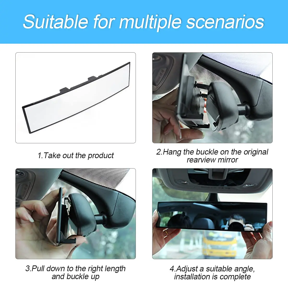 JoyTutus Rear View Mirror, Universal 11.81 Inch Panoramic Convex Rearview Interior Clip-on Wide Angle Mirror to Reduce Blind Spot Effectively for Car SUV Trucks - Blue