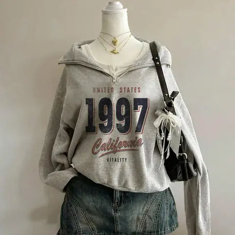 Women's Digital Letter Print Half-Zip Pullover, Thick Long Sleeve Sweatshirt, Drop Shoulder Design, Casual Spring & Fall Fashion, Aesthetic Casual Pullover