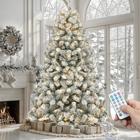 YITAHOME Pre-Lit Snow Flocked Conical Pine Tree - 6/7.5/9 ft Indoor Christmas Decoration with LED Lights, 11 Light Modes, Remote Smart Control, Branch Tips, Ornaments, Foldable Base for Home, Party Holiday Decorating (Yule Aesthetic)