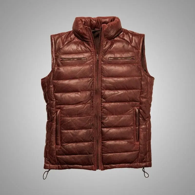 Cuir Jackets Bridger Orange Brown Leather Down Vest for Men 100% Lambskin 80/20 Down Fill Zipper Closure Chest & Hand Pockets Slim Fit Casual Menswear