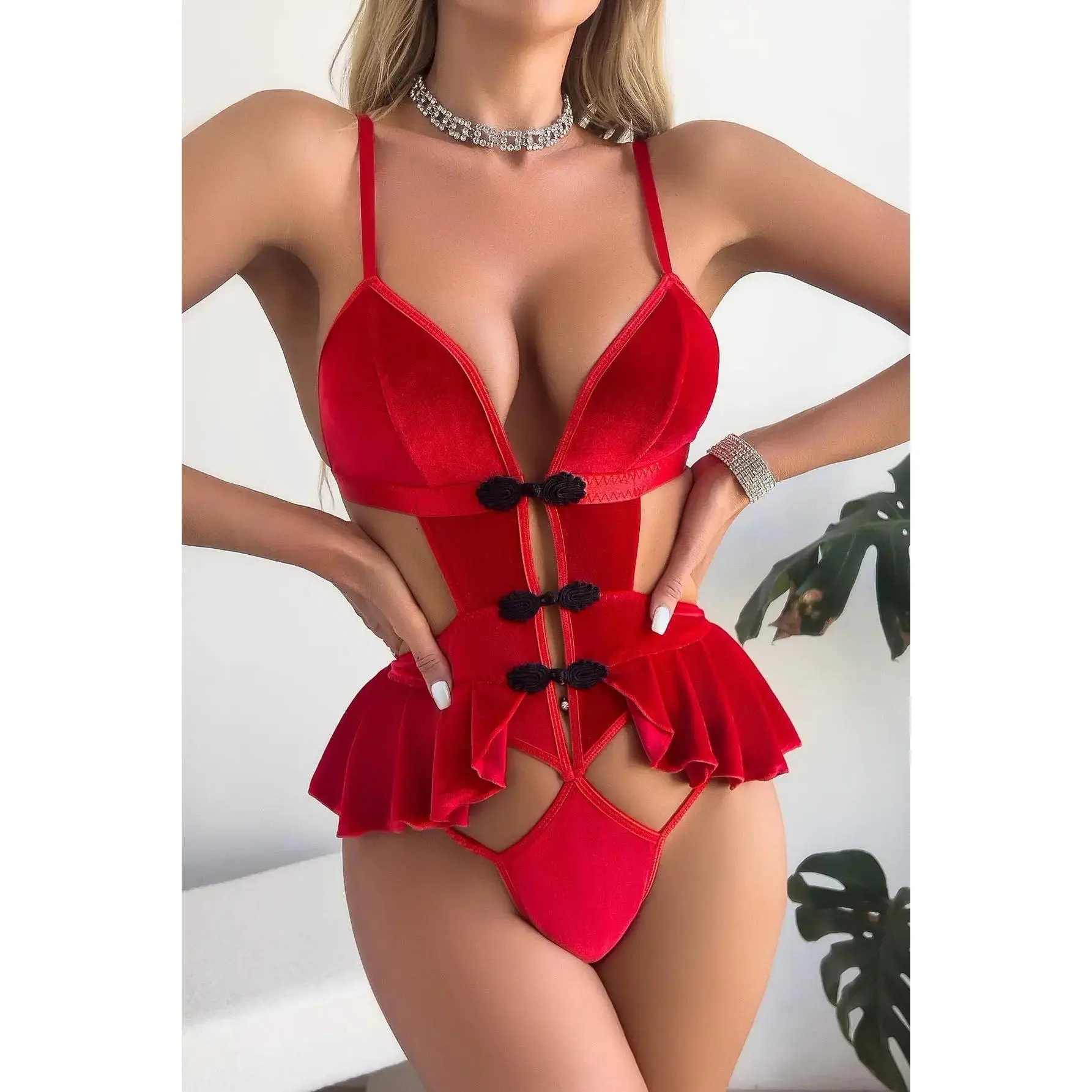 Red Velvet Black Chinese Buttons Ruffle Exotic Sexy Thong Asian Lingerie