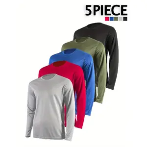 5pieces Men'S Long Sleeve T-Shirts | Quick-Drying Sports Tops for Autumn & | Casual Crew Neck Base Layer Suitable for Running, Gym, And Daily Use shirt moisture UV Protective Active Long Sleeve Shirt