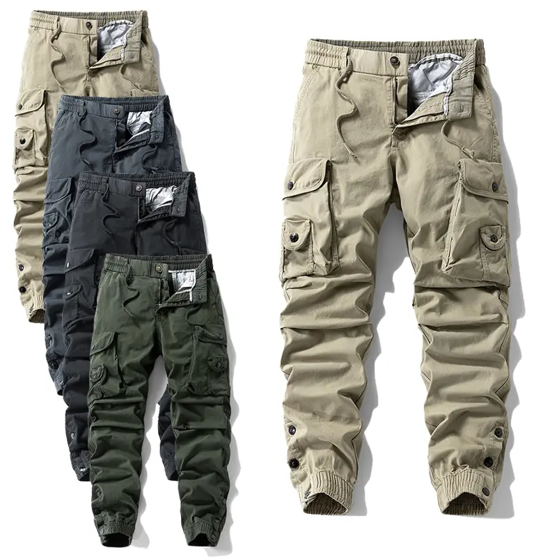 Men's Stretch Cotton Blend Jogger Cargo Pants - Menswear, Mid Waist, Elastic Drawstring, Multi Flap Pockets, Elastic Cuffs, Vintage Washed, Plain, Durable Gent Fabric, Casual Wear Outdoor Trousers
