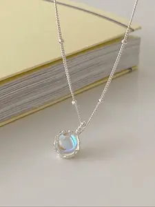 Luxury 925 Sterling Silver Pendant Necklace, Bohemian Elegant Style with Gemstone Decoration, Versatile Clavicle Chain, Perfect Gift for Women, Dainty Necklace, Round Pendant Necklace