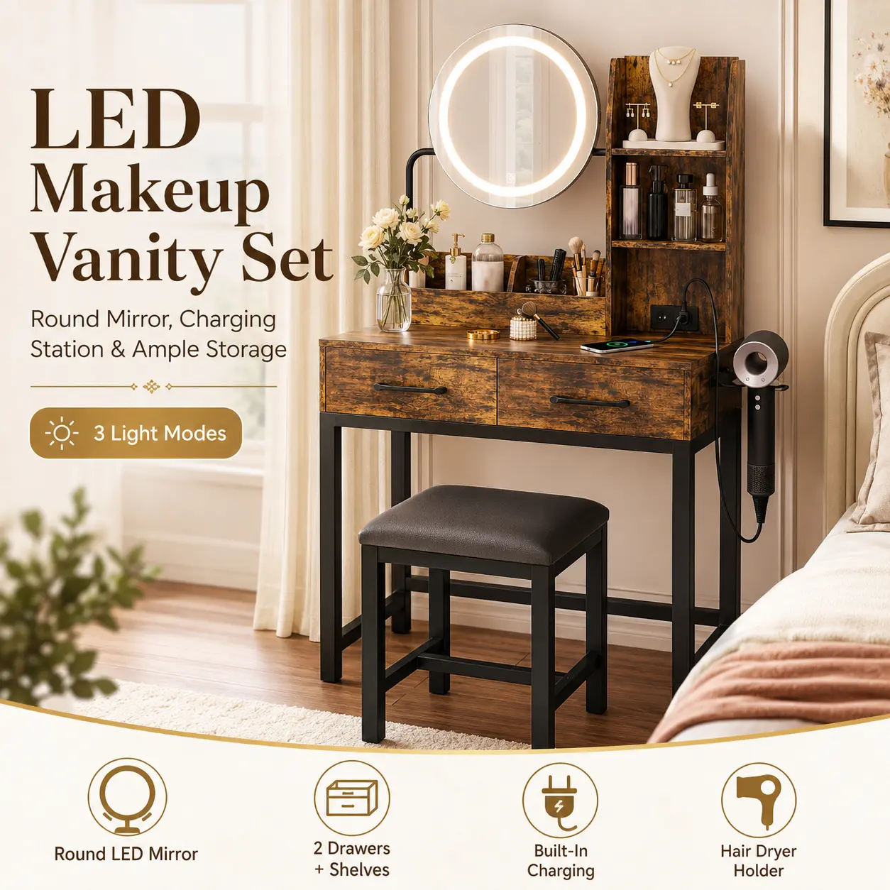 Makeup Vanity Desk with Round LED Mirror and Power Outlet Hair Dryer Stand Small Dressing Table with Storage Drawers Shelves Compact Bedroom Furniture Aesthetic Beauty Room Decor GRWM Station Setup for Teen Girls Women tocador con luces