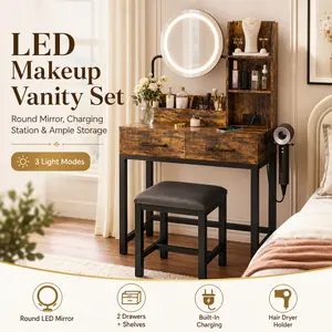 Makeup Vanity Desk with Round LED Mirror and Power Outlet Hair Dryer Stand Small Dressing Table with Storage Drawers Shelves Compact Bedroom Furniture Aesthetic Beauty Room Decor GRWM Station Setup for Teen Girls Women