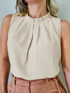 Elegant Ruffle Neck Sleeveless Blouse for Women 2026, Casual Pleated Keyhole Tank Top, Office Workwear Solid Color Crew Neck Top, Versatile Daily Wear Summer Sleeveless Shirt, Chic Relaxed Fit Flowy Blouse, Trendy Minimalist Style Top for Work, Date Night