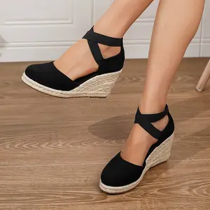 Trendy Elastic Espadrilles - Women's Solid Color Platform Closed Toe Sandal - Hollow Out Wedge Comfy Shoes