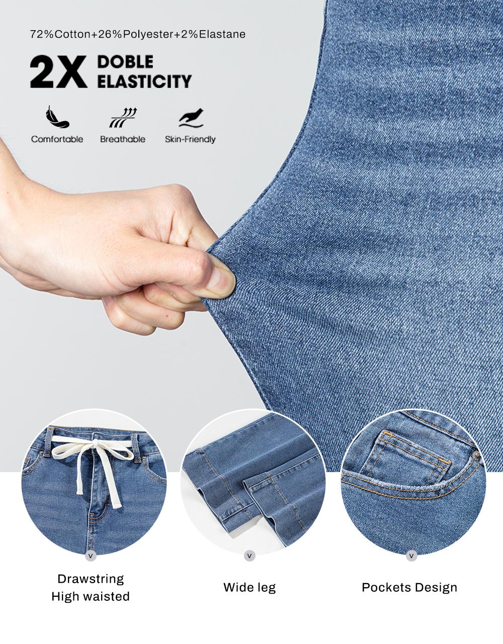 Sidefeel Women's Wide Leg Jeans High Waisted Stretchy Straight Leg Baggy Drawstring Zimbaplatinum Denim Pants