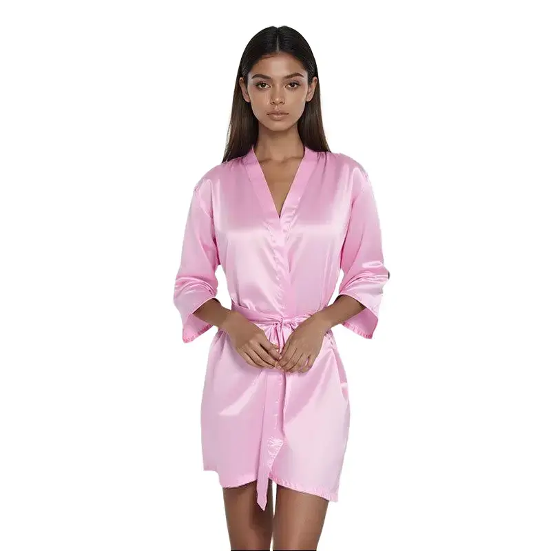 Women's Silk-Like Satin Belted Waist Short Bathrobe - V-Neck, Half-Sleeve, Loose-Fit Kimono Loungewear, Prop 65 Safe for Bridal Party & Daily Lounging