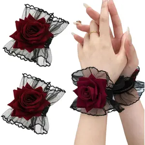 Halloween Gothic Rose Lace Black Gloves Red Rose Lolita Wrist Gloves, Halloween Rose Fingerless Gloves Dress Accessories for Halloween Masquerade Cosplay Party 1 Pair