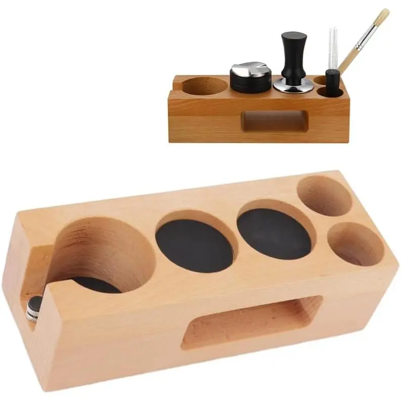 MakeCafe Wooden Coffee Tamper Stand, Coffee Filter Tamper Holder Wooden Espresso Tamper Stand with Wooden Base Suitable for Home Cafes (L(58MM)), Yellow