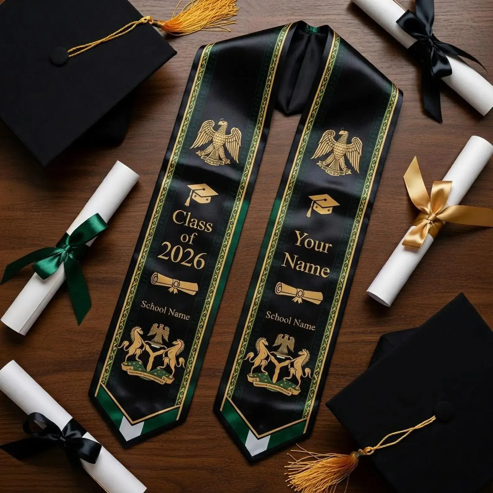 Personalized Nigerian Graduation Stole 2026 – Flag Heritage Sash & Custom Name Print & Cultural Grad Gift