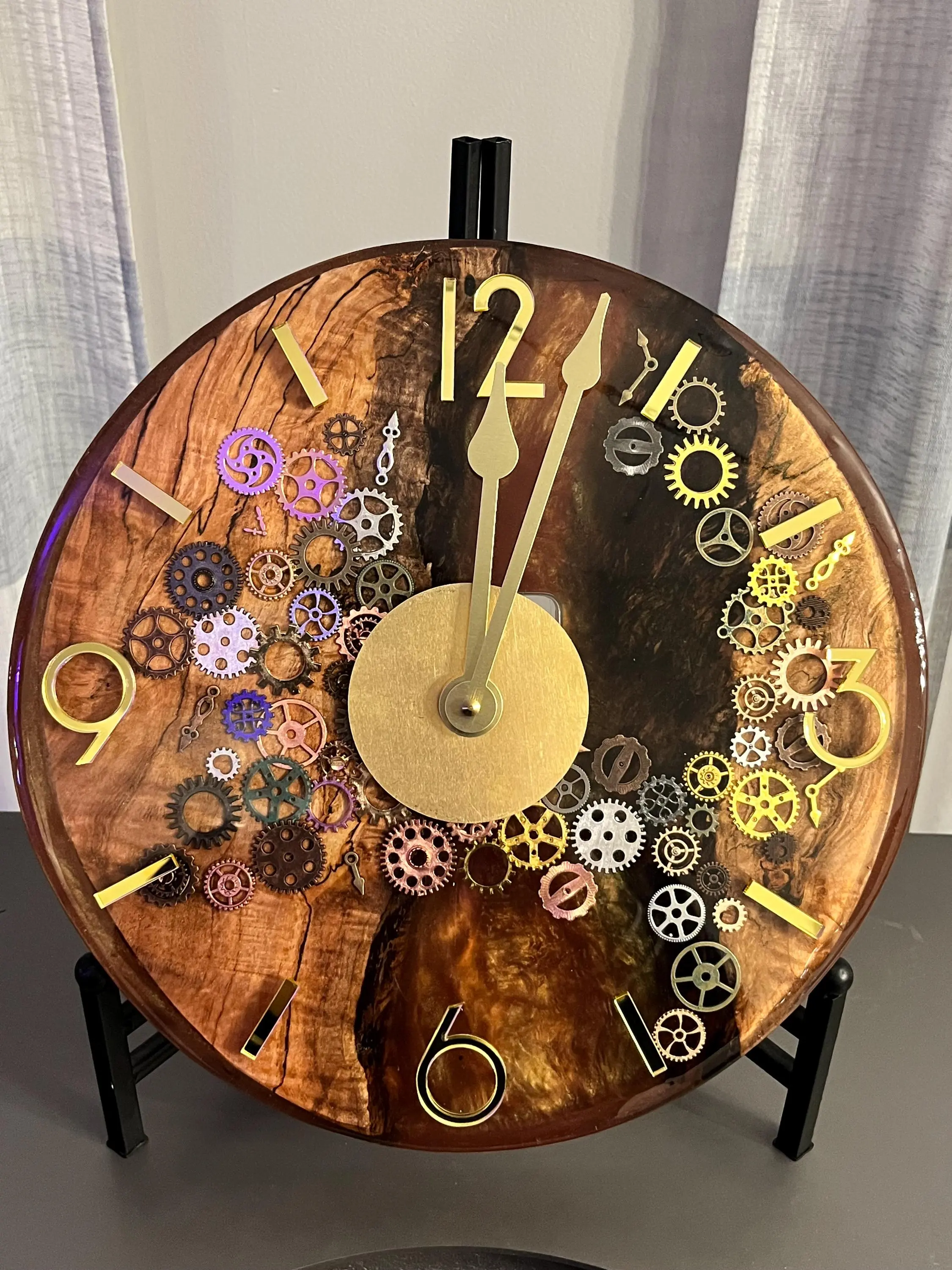 12 in Epoxy Wood Wall Clock, Black Walnut Gears Design with Gold Accents, Modern Home Decor, Ideal Gift for Home Supplies Enthusiasts