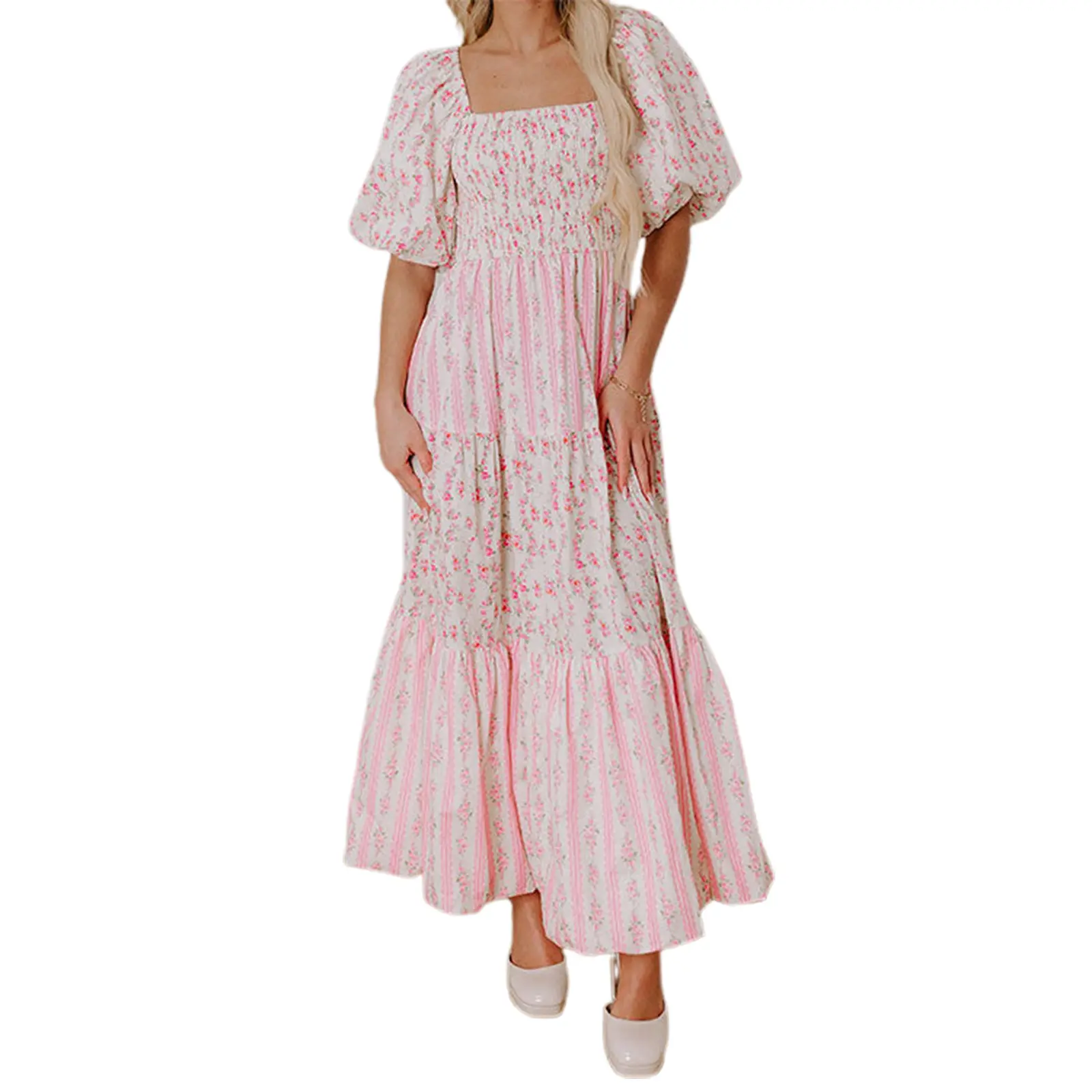 Women Fashion Long Maternity Dress Floral Print Square Neck Short Sleeve Dress Summer Fashion Pregnancy Dress