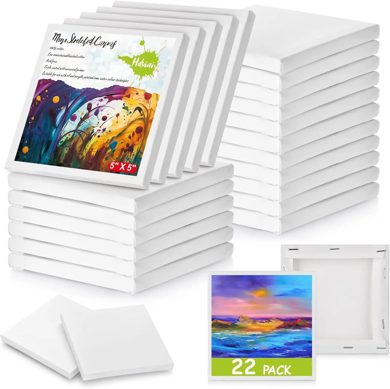 22PCS Mini Canvases for Painting – 5 x 5 in Bulk Small Square Stretched Canvases, 0.4 in Thick Blank Canvas for Students, Art Supplies, School & Home Crafts