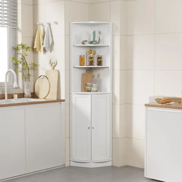White 67" Tall Narrow Freestanding Corner Cabinet with 2 Doors, Adjustable Shelves, Storage Organizer for Bathroom, Kitchen, Living Room style cupboard design board particle anti-tip
