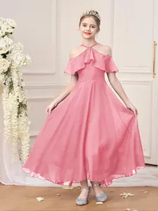 8-12Y Cold Shoulder Chiffon Pink Kids Clothes Flower Girls Princess Long Ball Gown Frock Children Formal Evening Party Banquet Pageant Prom Host Cocktail Dresses (only dress)