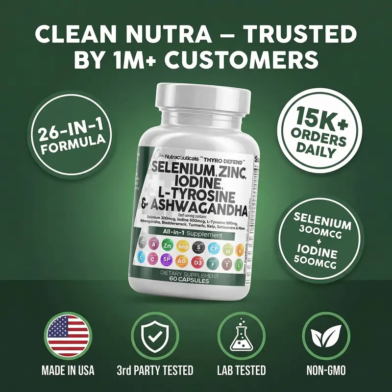 Clean Nutra Thyroid Support for Women & Men Selenium, Zinc Iodine, L-Tyrosine, Ashwagandha & More for Women and Men's Thyroid Complex Supplement Capsules – ThyroDefend