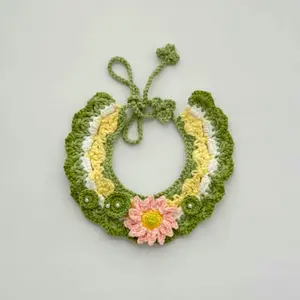 Water Lily Crochet Cat Collar Handcrafted with Soft Milk Cotton Yarn Adjustable for Cats 8-18 lb with Delicate Petal Design & Pearl Accents