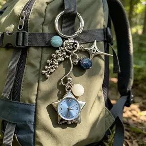 Star Watch Keychain Charm Pentagram Clock Clover Key Bag Pendant Subculture Hanging Ornament Trendy Aesthetic Accessories for Daily Decoration Unique Gift for Friends and Family