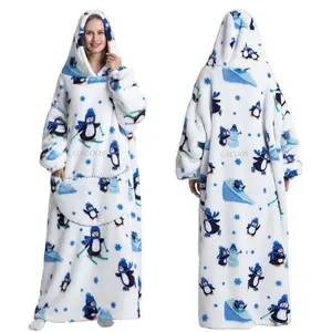 Luxury Winter Hoodies Sweatshirt Cute Cartoon Penguin Super Long Hooded Blanket Flannel Giant Lazy TV Blanket Pajamas