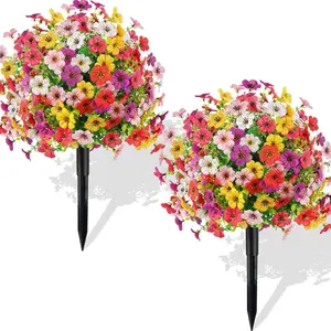 2 Pack Artificial Flower Topiary Ball Trees with Ground Spikes, UV Resistant Faux Flower Shrubs for Outdoor Porch Patio Garden Decor, Spring Summer Fall Flowers, Halloween & Thanksgiving Decorations