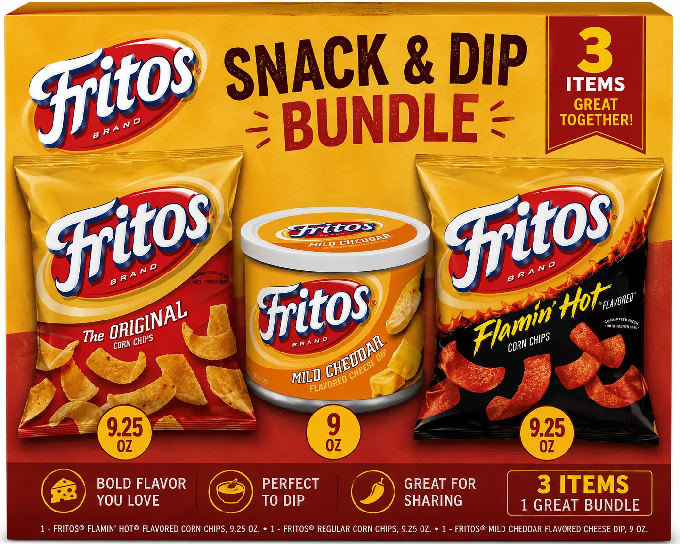 Corn Chips & Cheese Dip Variety Pack – Original Corn Chips, Flamin' Hot Corn Chips & Mild Cheddar Cheese Dip, 3-Piece Snack Bundle for Parties, Game Day & Sharing