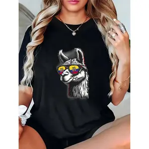 Women's Black T-Shirt with Llama Wearing Ecuador Flag Sunglasses & Red Stripes, Casual Summer Top for Ecuadorian Pride, Festivals, Daily Wear 100% Cotton T-shirt