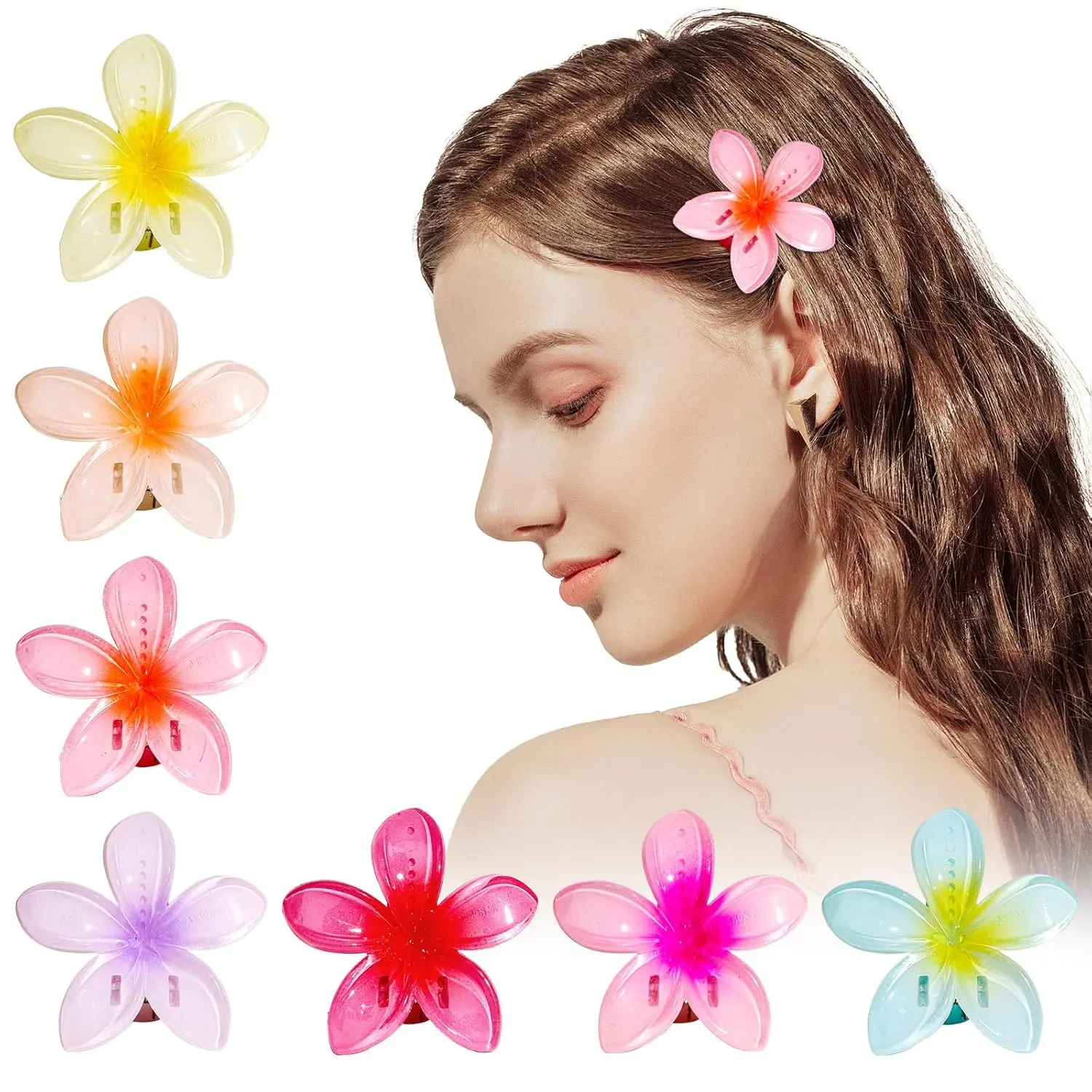 Plumeria Hair Accessories - 7 count Non-Slip Tropical Flower Clips for Thick/Thin Hair, Cute Beach Hair Clips for Women