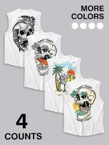 Men's 4 Pack Tropical Skull Graphic Tank Tops, Gothic Street Style, Loose Breathable Fabric, Ideal for Gym, Beach, Casual Wear