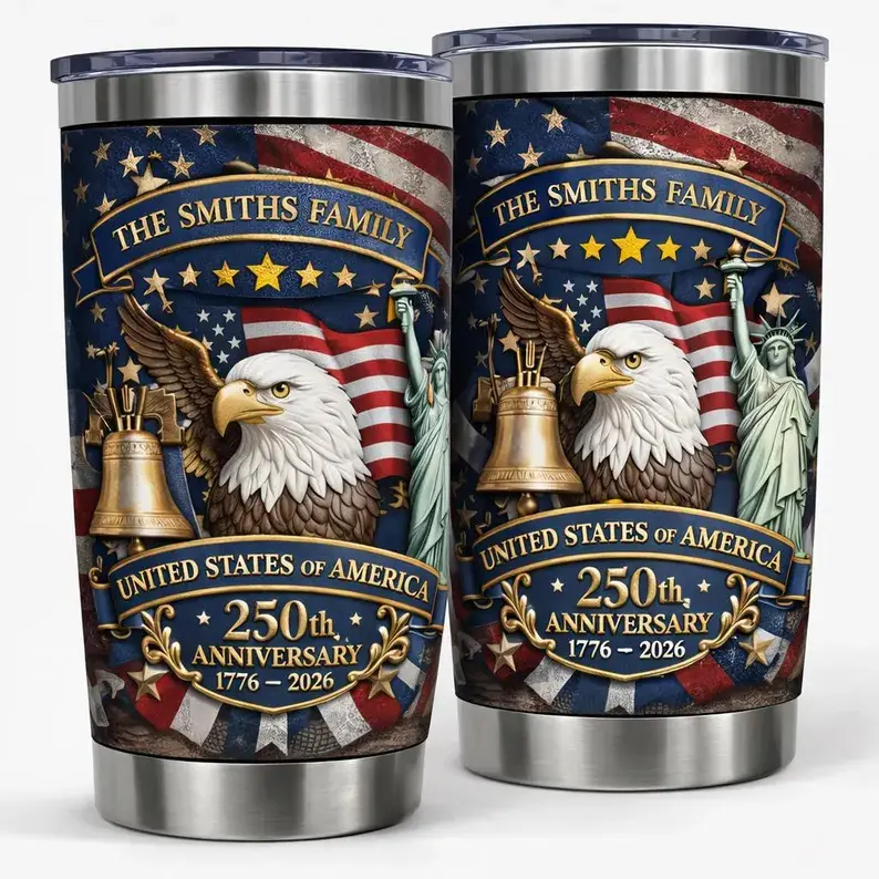 Personalized USA 250th Anniversary 20oz Tumbler 1776-2026, Custom Family Name Patriotic Bald Eagle Travel Mug, America 250 Years of Freedom Commemorative Gift, 40oz Large Capacity Stainless Steel Cup with Handle
