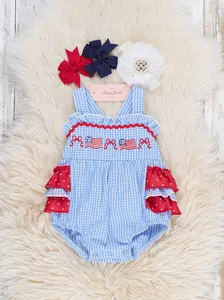Patriotic Flag & Bows Embroidered 100% Cotton Bubble Romper