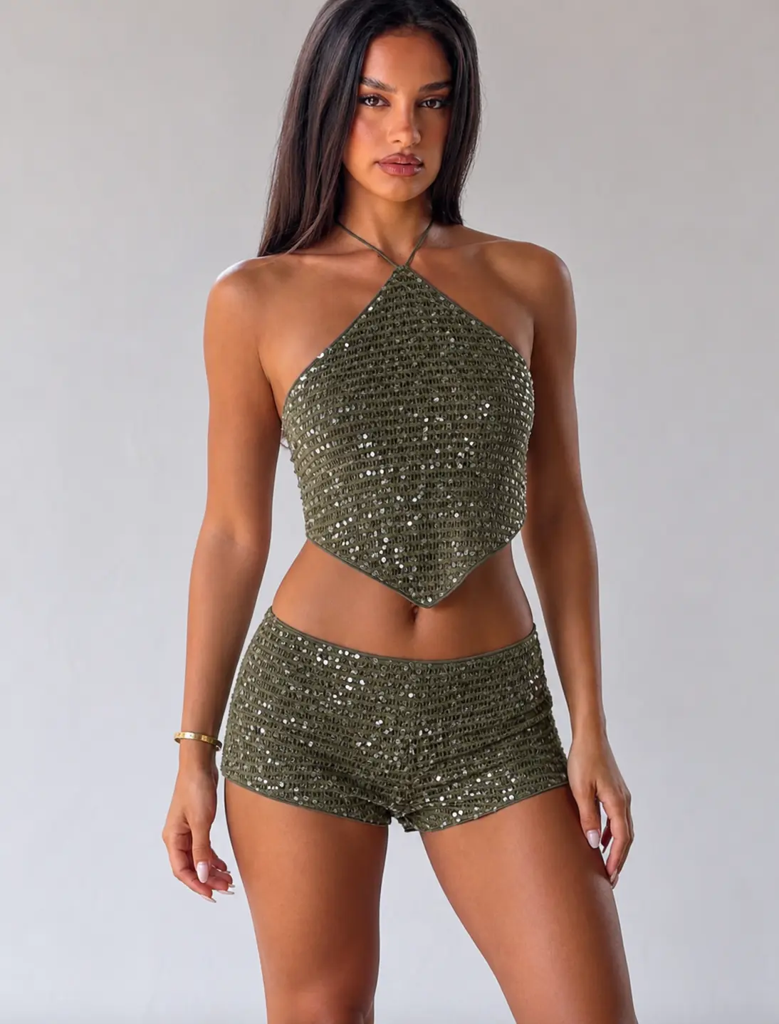 WILLOW CAPRI Sequin Halterneck Top And Micro Mini Short Set Date Night Spring Summer Elegant Wedding Guest Vacation Holiday Occasion Going Out